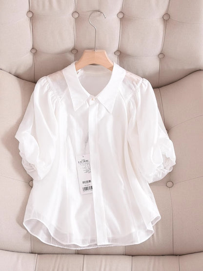 New Young  Elegant Puff Sleeve Top White Short-Sleeved Shirt Women's Summer Design Sense Niche