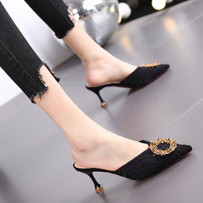 Women's Slippers Summer Outdoor Semi-Slippers Women's New  Style Temperament Rhinestone High Heel Shoes Stiletto Toe Box Sandals