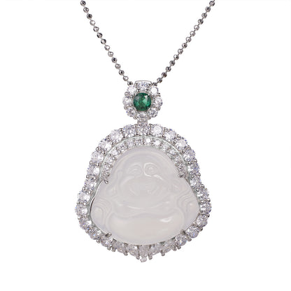 vakkv  Silver City S925 Sterling Silver High Ice Chalcedony Buddha Pendant Women's New Chinese Style High Sense Silver Embeded Jade Big Belly Buddha Necklace