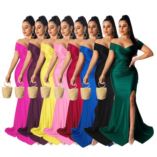 Al243  European and American Women's Clothing Sexy Dress Nightclub V-neck Formal Dress Solid Color Large Slit Dress Spring and Summer Short Sleeve