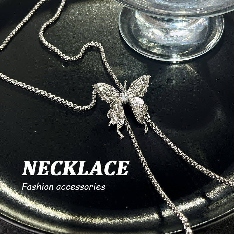 vakkv  High-Grade Drawable Silver Butterfly Tassel Necklace Female Light Luxury Minority Design Fashionable Temperamental All-Match Clavicle Chain