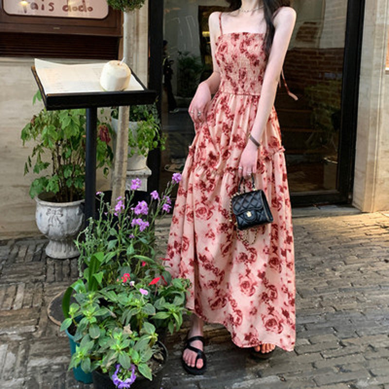 French rose print lace up camisole dress for women's summer 2023 new vacation style pleated waist long skirt