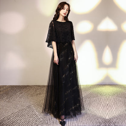 VAKKV Plus Size Evening Dress Black  New Elegant Long Plump Girls Slimming Host Arms Hiding Banquet Evening Dress