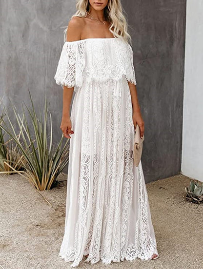 Wish Summer Boat Neck Lace Dress Long Dress Foreign Trade Women's Clothing Lace Skirt