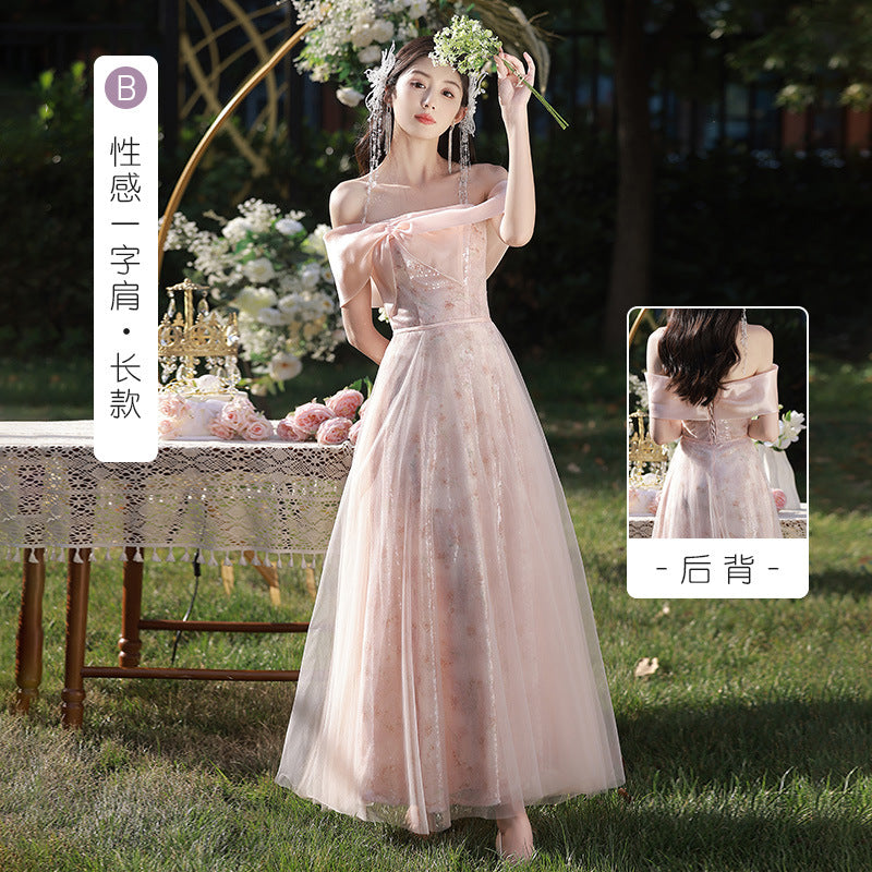 VSKKV Bridesmaid Dress Wedding Daily Style High-Grade Niche Pink Fairy Temperament Small Size Sisters Group Evening Dress for Women