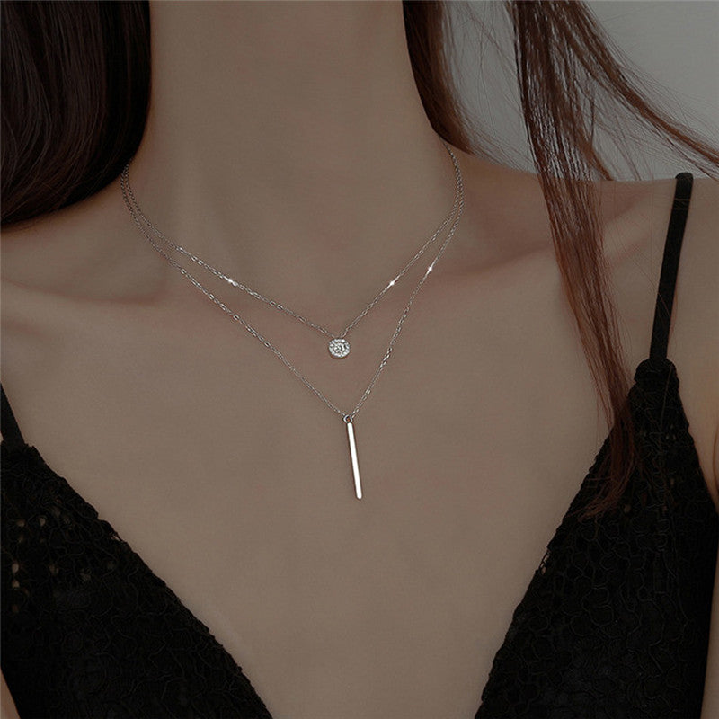 vakkv  HOT and NEW Cross Border Necklace Geometric Long Strip Rhinestone round Double Layer Necklace for Women Fashion Diamond Inlaid Clavicle Chain Necklace