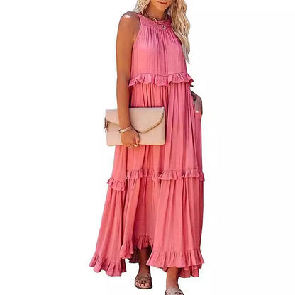 European and American 2024 Summer New Holiday Ruffled Long Dress  Wide Hem Flowy Beach Dress for Women