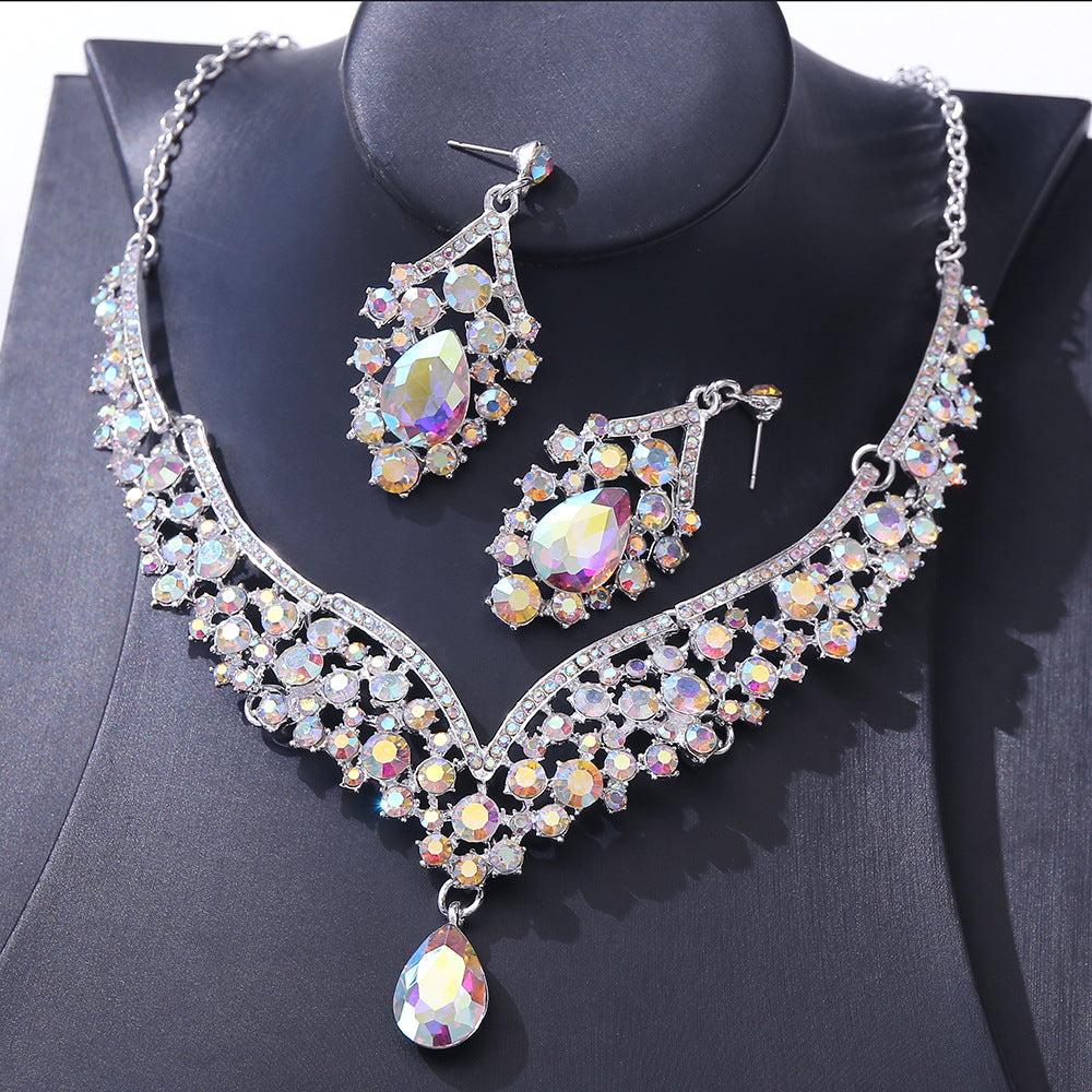 D416 Exquisite Colorful Crystal Glass Drop-Shaped Necklace Earrings Wedding Decoration Two-Piece Set Bridal Jewelry