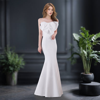 VAKKV Evening Dress for Women High-End Temperament Simple Hepburn Style Banquet Socialite Niche Tube Top Slimming Long Fishtail Dress