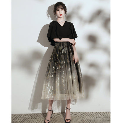 VAKKV  Annual Party Evening Dress Women's  New Banquet Daily Style Hepburn Wind Black Vocal Music Art Test Host Dress