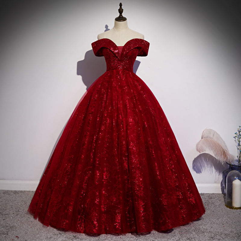 VAKKV Red Evening Dress Banquet off-Shoulder  New Long Elegant Slim-Fit Event Host Art Exam Dress Female