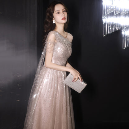 VAKKV Starry Sequins Evening Dress Banquet Temperament Light Luxury Minority Elegant  Style Annual Meeting Host Art Exam Dress