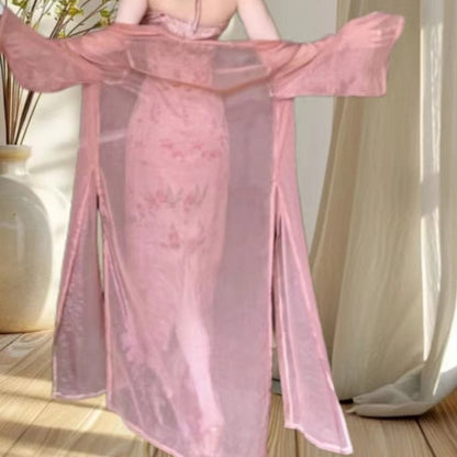 VAKKV  8478# Homemade Pink Sequence Flat Collar Split Neck Sling National Style Improved Cheongsam Dress Sling