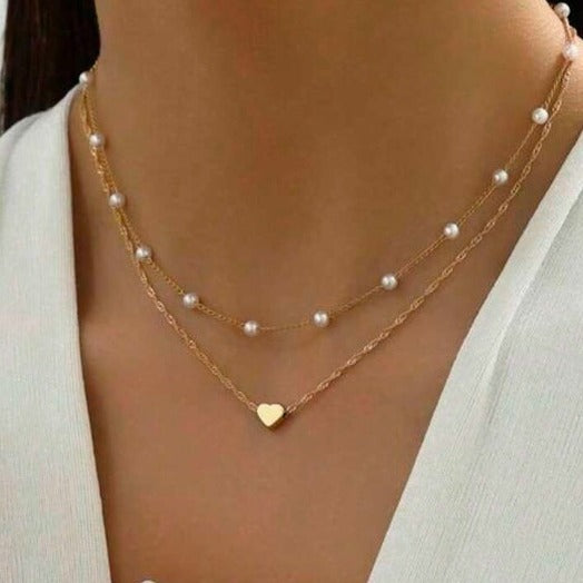 Cross Border Pearl Heart Necklace All-Match Pearl Multi-Layer Pendant Clavicle Chain Women's Retro Multi-Layer Twin Necklace