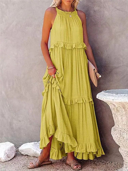 European and American 2024 Summer New Holiday Ruffled Long Dress  Wide Hem Flowy Beach Dress for Women