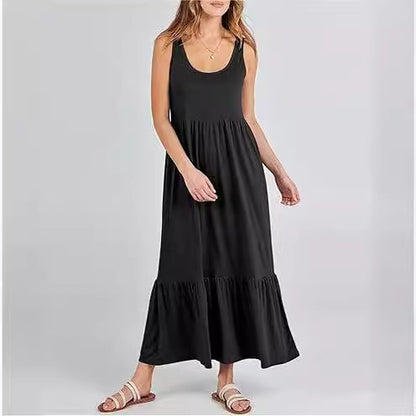 Cross Border Hot Summer Sleeveless Vest Dress Expansion Skirt Casual Elegant Layered Beach Pocket Dress for Women