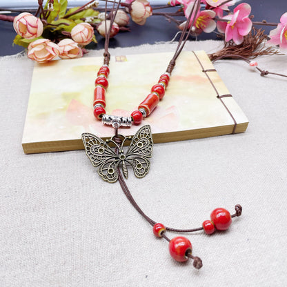 Wholesale Ceramic Sweater Chain Vintage Ethnic Style Clothing Accessories Imperial Concubine Butterfly Long Sweater Necklace