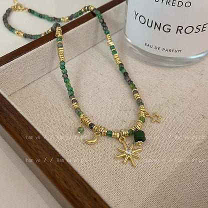 vakkv  Fashionable High-Grade Green Beaded Star Moon Necklace Versatile Niche Autumn and Winter Double-Layer Stacked Clavicle Chain Hot Beaded