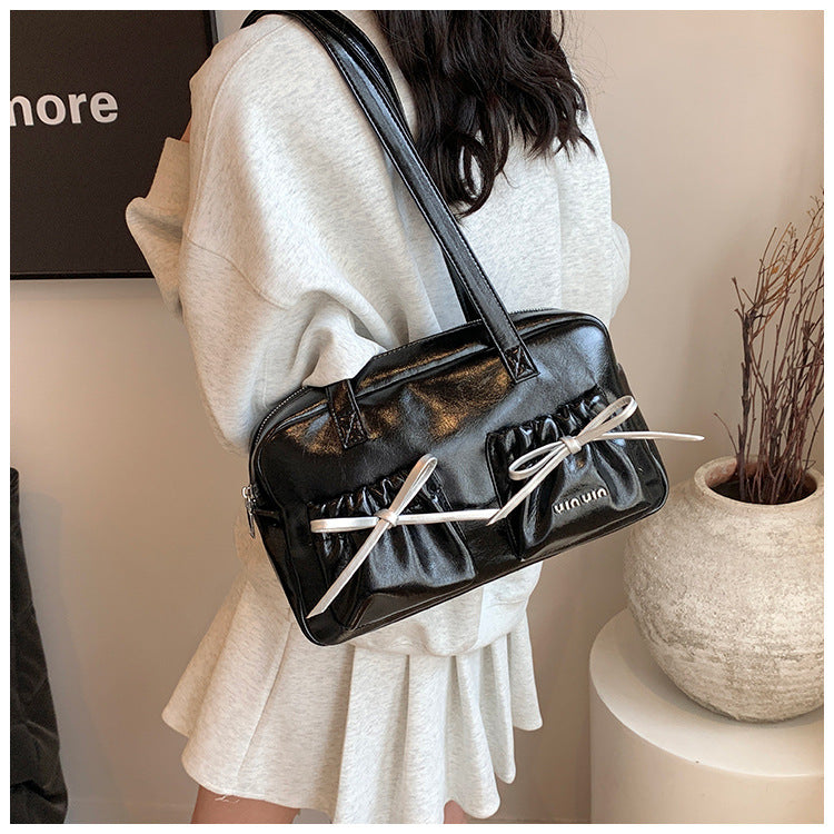 Korean Style Fashion Ballet Style Bowling Bag for Women  New Niche Bow Underarm Shoulder Bag Tote Bag