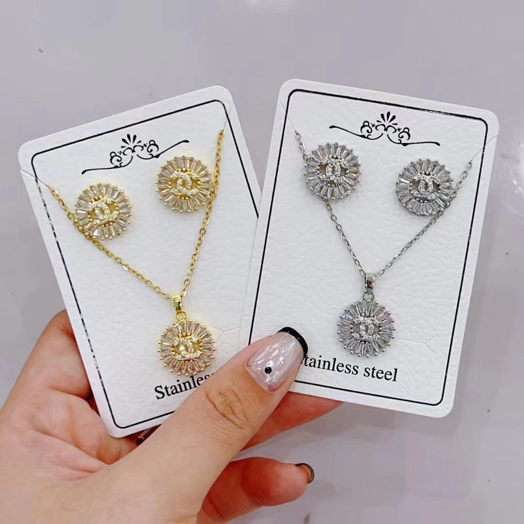 vakkv Cross-Border Hot  Diamond Necklace and Earrings Suite HOTan NEWn Simple Versatile Clavicle Chain Factory Wholesale Direct Wholesale