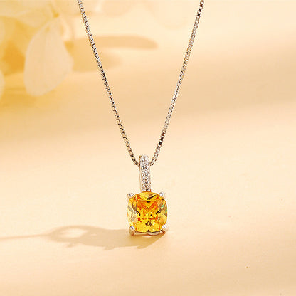 Square Sugar Necklace S925 Sterling Silver Colorful Geometric Square Diamond Super Flash Clavicle Chain Fashion Simple Female Citrine Pendant Necklace Set