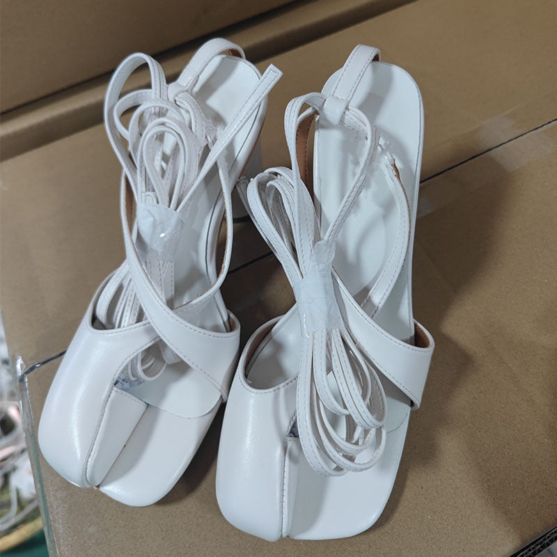 Foreign Trade New Catwalk Closed Toe round Head Chunky Heel High Heel Cross Strap plus Size Hollow Flip Toe Sandals Women's Shoes