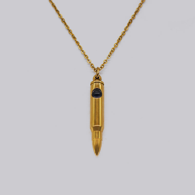 Cross-Border Hot Veterans Memorial Bullet Pendant Necklace Wild Projection Stone Titanium Steel Bullet Clavicle Chain Wholesale