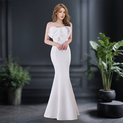 VAKKV Evening Dress for Women High-End Temperament Simple Hepburn Style Banquet Socialite Niche Tube Top Slimming Long Fishtail Dress