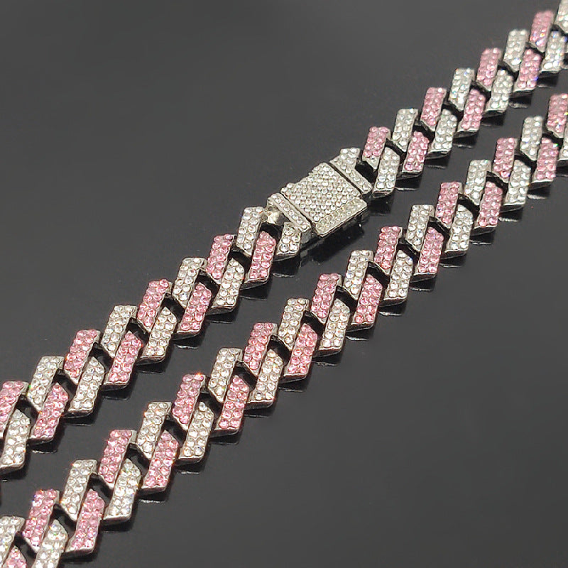 Popular 15mm Small Flip Cover Hiphop Pink Blue Hip Hop Cuban Link Chain Quadrilateral Strip Prismatic Men's Necklace