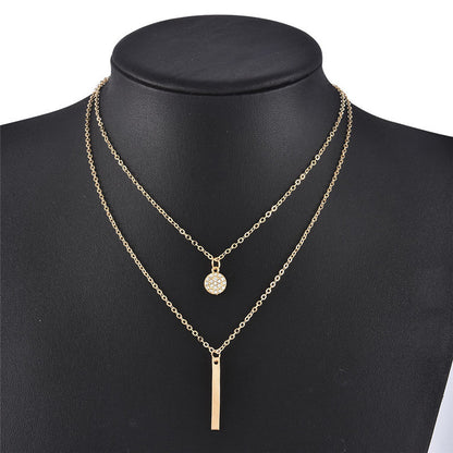 vakkv  HOT and NEW Cross Border Necklace Geometric Long Strip Rhinestone round Double Layer Necklace for Women Fashion Diamond Inlaid Clavicle Chain Necklace