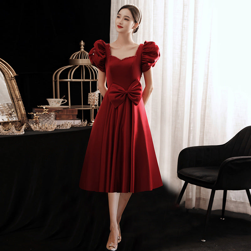 VSKKV Toast Dress Bride on the Run Princess Wine Red Wedding Bridal Evening Dress Women's Spring Long Daily Style