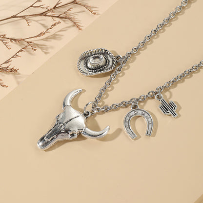 HOTan and NEWn Personalized Vintage Alloy Necklace Hat Cow Head Cactus Pendant Male and Female Necklace