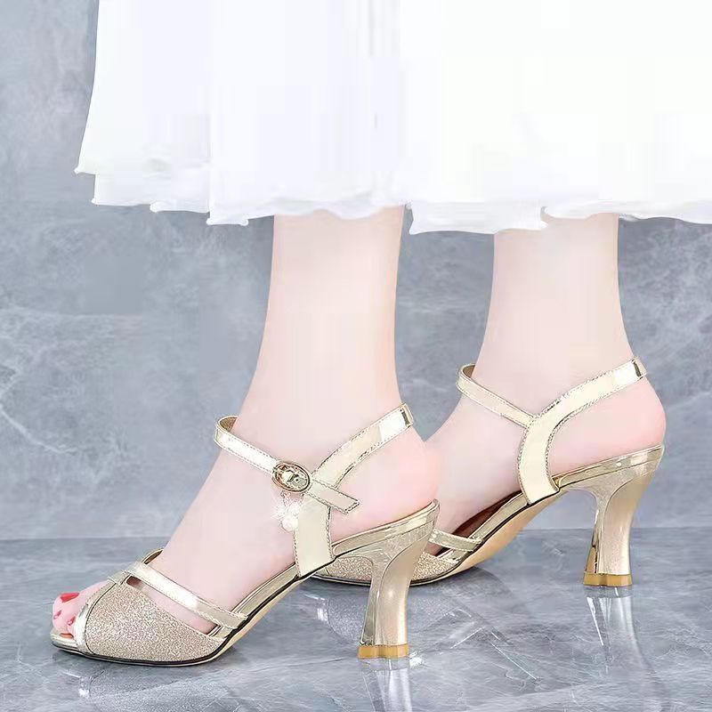 Summer New Korean Style Chunky Heel Peep Toe Sandals Fairy Style Metallic Buckle Women's High Heel Shoes