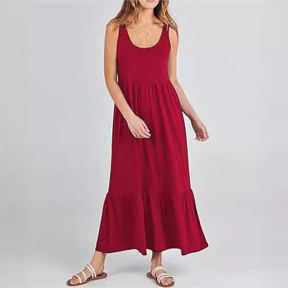 Cross Border Hot Summer Sleeveless Vest Dress Expansion Skirt Casual Elegant Layered Beach Pocket Dress for Women