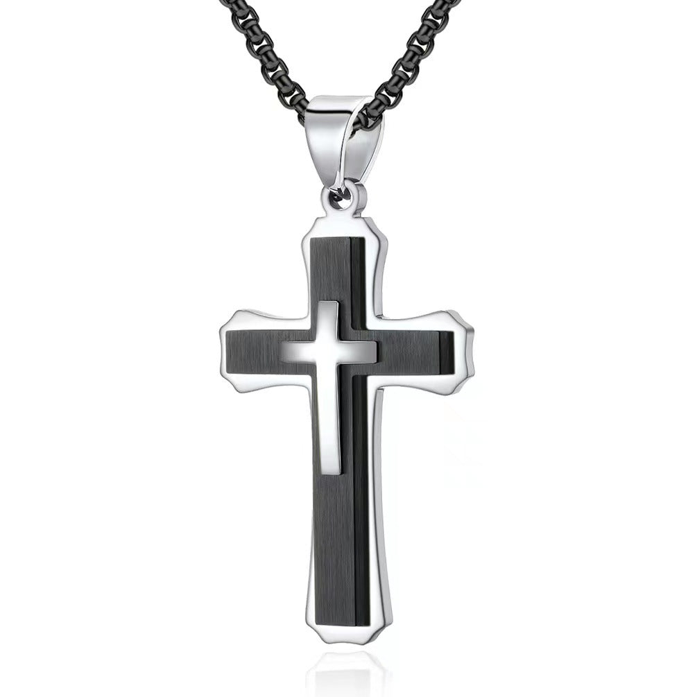 vakkv  HOTan Hip Hop Vintage Men's Cross Titanium Steel Necklace Trendy Three-Layer Stainless Steel Pendant Ornament Wholesale