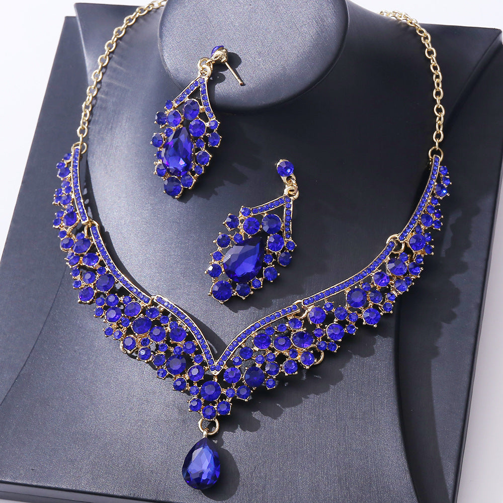 D416 Exquisite Colorful Crystal Glass Drop-Shaped Necklace Earrings Wedding Decoration Two-Piece Set Bridal Jewelry