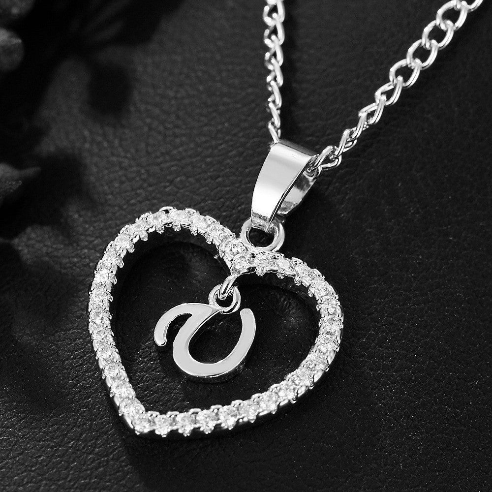 In Stock Direct Selling Exclusive for Cross-Border Letter Necklace 26 Letter Heart-Shaped Zircon Necklace Jewelry Love Heart Pendant Necklace