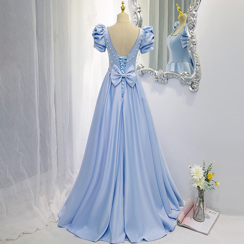 VSKKV Evening Dress Women's  Spring New Banquet Texture Performance Vocal Solo Bow Backless Evening Dress