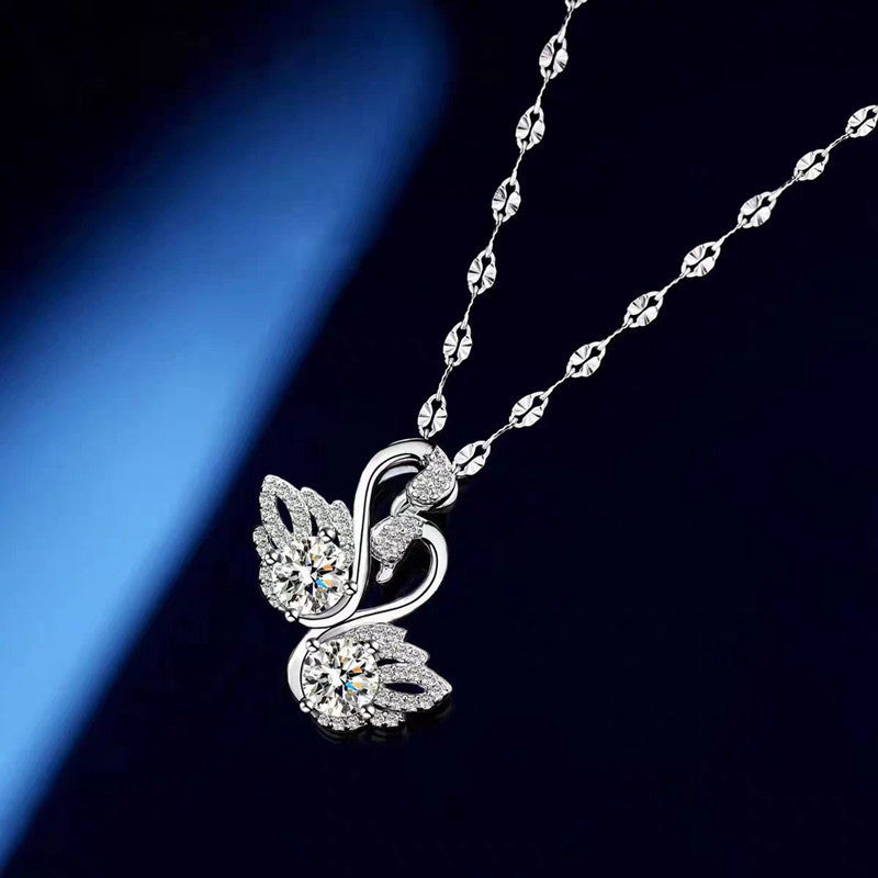 Tik Tok Live Stream Pt950 White Gold Color Double Swan Necklace Light Luxury Minority Swan Pendant Female Clavicle Chain for Girlfriend