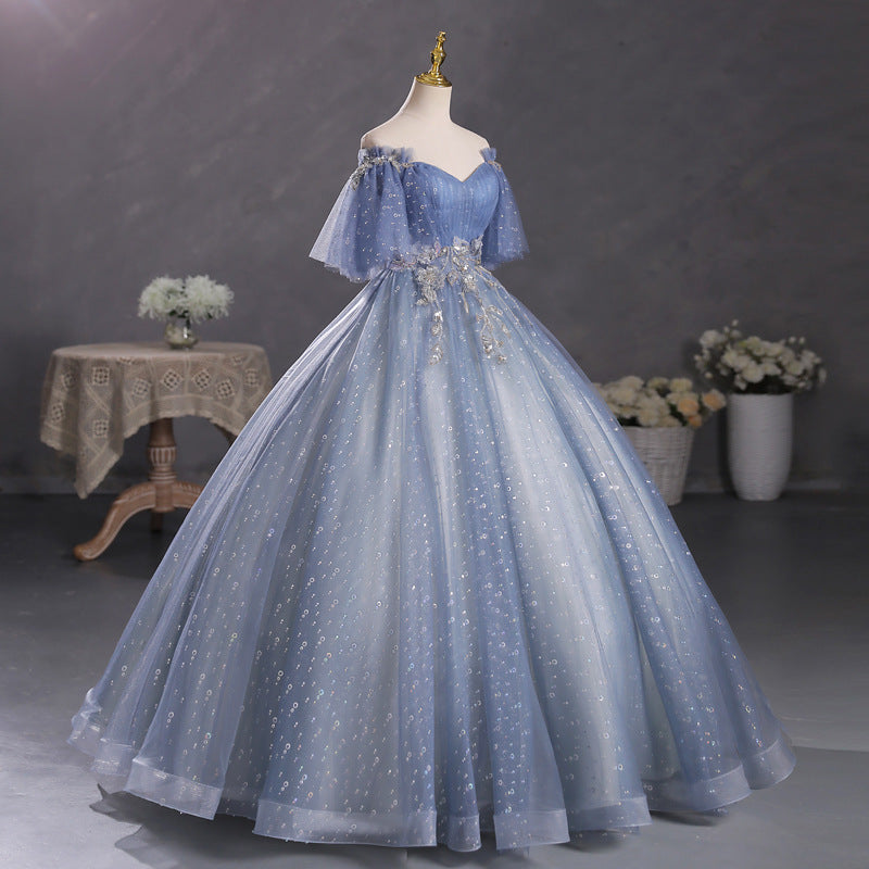 VAKKV  New Gray Blue Temperament Bel Canto Solo Performance Costume Student Vocal Music Art Test Pettiskirt Annual Meeting Host Evening Dress