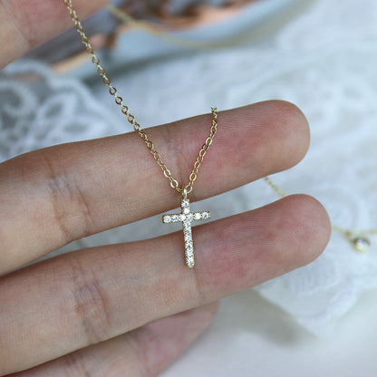 vakkv S925 Sterling Silver Diamond Cross Necklace Classic Exquisite Refined Grace Light Luxury Minority High-Grade Clavicle Chain