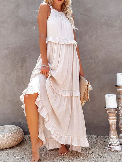 European and American 2024 Summer New Holiday Ruffled Long Dress  Wide Hem Flowy Beach Dress for Women