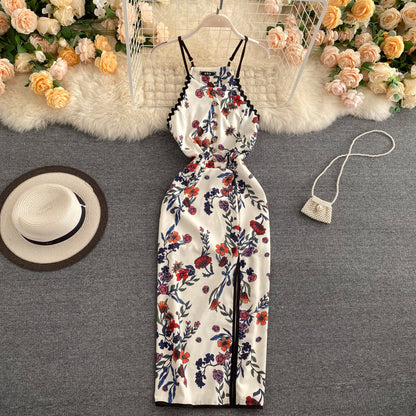 VAKKV Sexy A line Sleeveless Silk Satin Floral Dress Beach Summer Holiday Dress P250