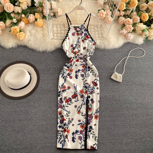 VAKKV Sexy A line Sleeveless Silk Satin Floral Dress Beach Summer Holiday Dress P250