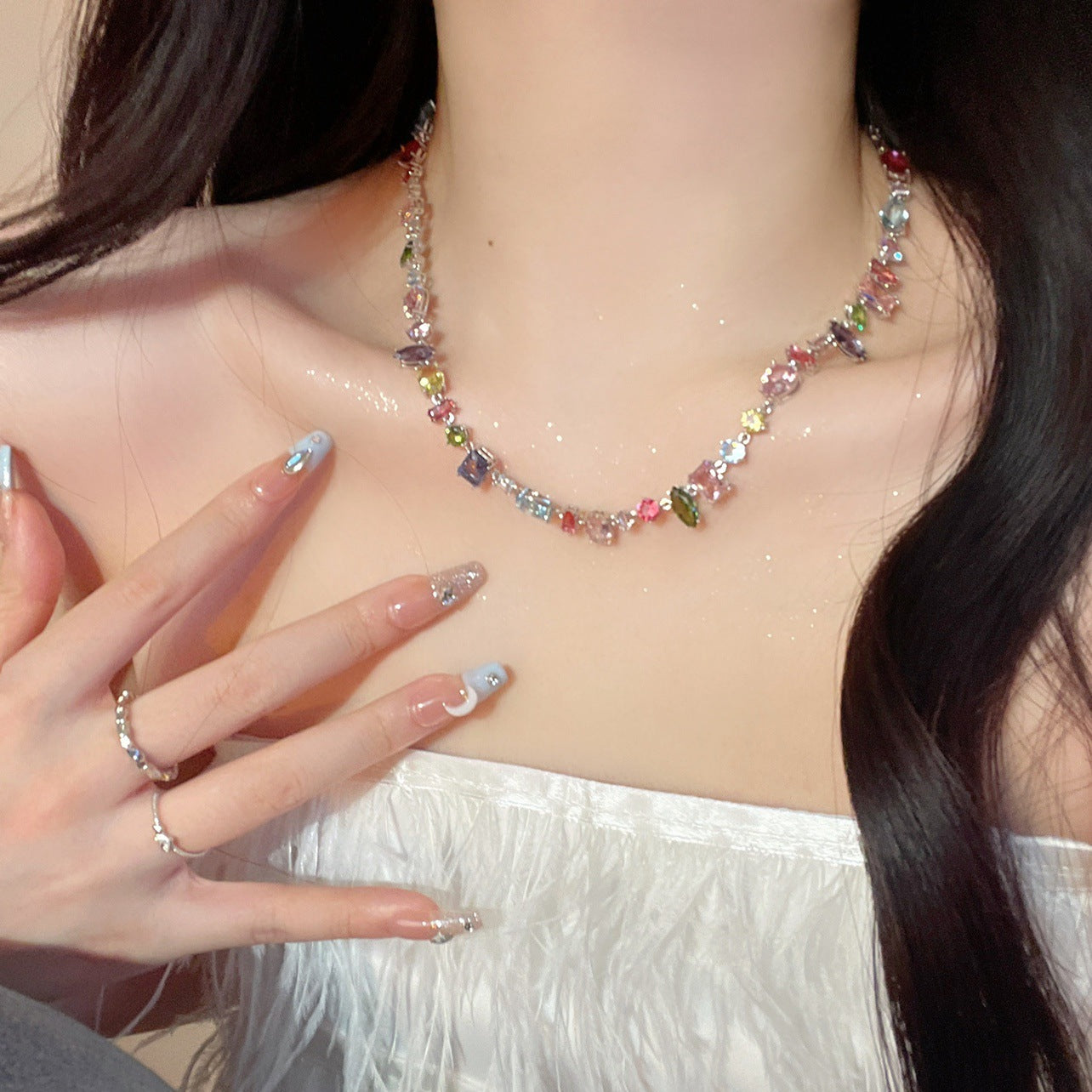 Sweetheart Candy Color Crystal Zircon Necklace Light Luxury High-Grade Love Rainbow Clavicle Chain Female Ins Niche Fashion