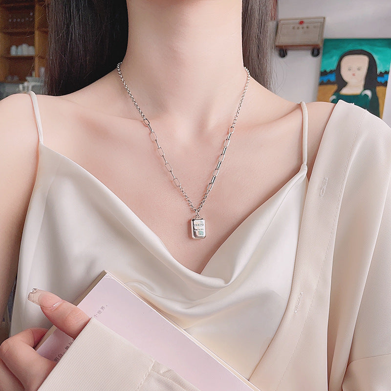 Chaosheng S925 Sterling Silver Box Letter Square Plate Necklace Ins Niche Design  Entry Lux Style Clavicle Chain Female