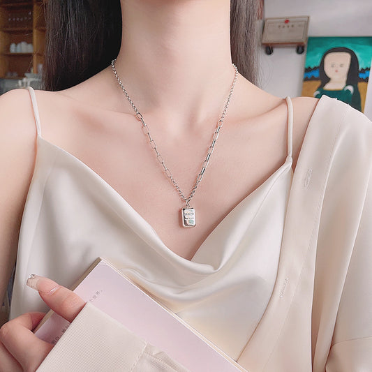 Chaosheng S925 Sterling Silver Box Letter Square Plate Necklace Ins Niche Design  Entry Lux Style Clavicle Chain Female