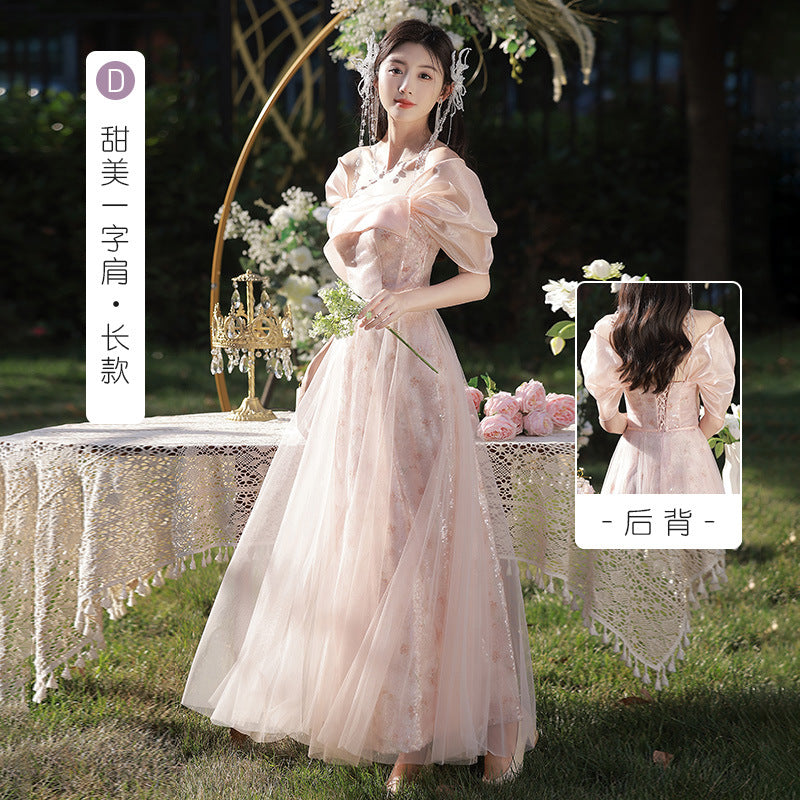 VSKKV Bridesmaid Dress Wedding Daily Style High-Grade Niche Pink Fairy Temperament Small Size Sisters Group Evening Dress for Women