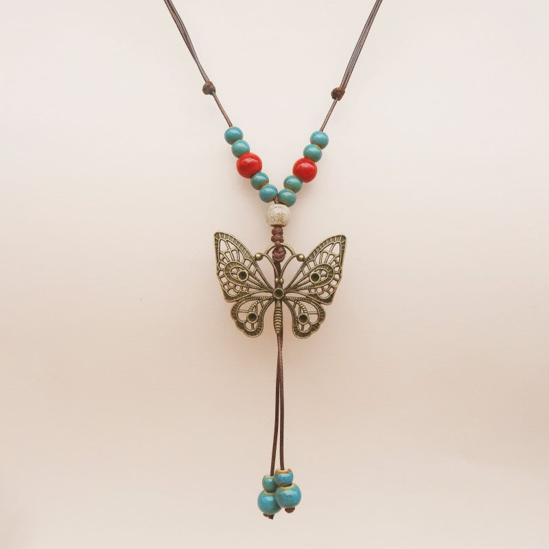 vakkv  Noble Butterfly Ethnic Style Ceramic Long Sweater Chain Women's Ancient Style Ornaments Retro Chinese Style Butterfly Necklace Wholesale