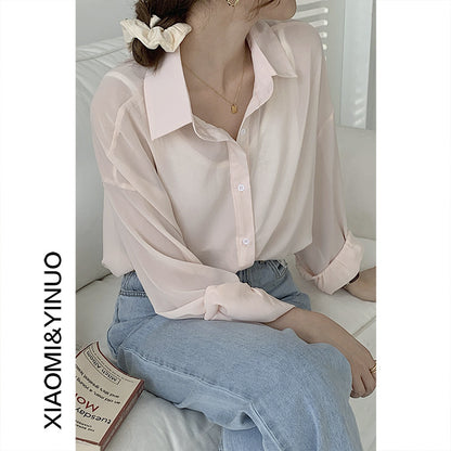 [Ovann] Yx9009 Chiffon Solid Color Shirt  Summer New Air Conditioning Shirt Loose Long Sleeve Sun Protection Shirt